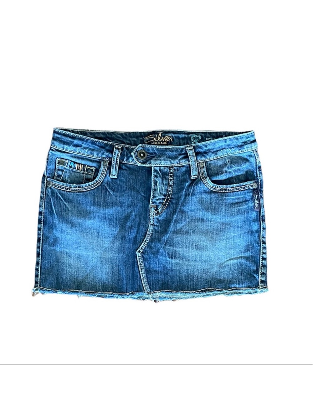 Silver Jeans Ravi western bohemian denim blue raw hem mini skirt waist 26